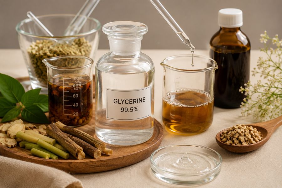 บทบาทของ Glycerine 99.5% ในการทำหน้าที่เป็นตัวทำละลายสารสกัดสมุนไพรและยาเชื่อมสูตรปราศจากแอลกอฮอล์
