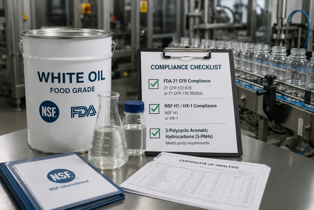 เช็คลิสต์ตรวจสอบข้อกำหนด NSF และ FDA ของ White Oil ก่อนนำมาใช้ในโรงงานบรรจุภัณฑ์อาหาร