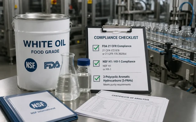 เช็คลิสต์ตรวจสอบข้อกำหนด NSF และ FDA ของ White Oil ก่อนนำมาใช้ในโรงงานบรรจุภัณฑ์อาหาร