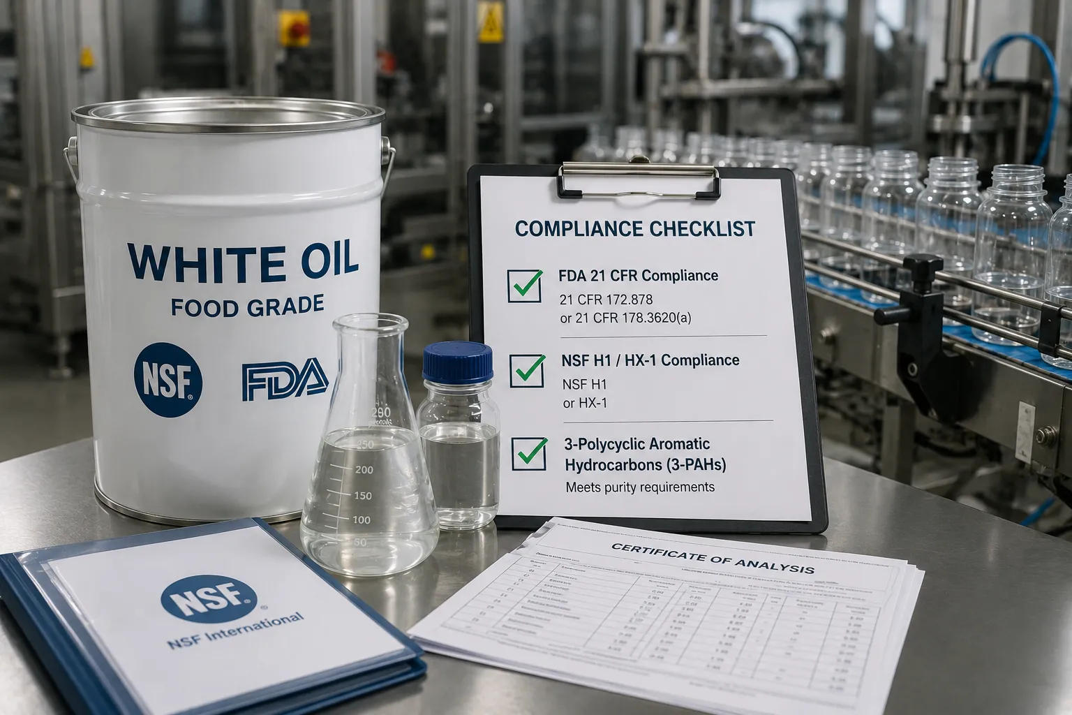 เช็คลิสต์ตรวจสอบข้อกำหนด NSF และ FDA ของ White Oil ก่อนนำมาใช้ในโรงงานบรรจุภัณฑ์อาหาร