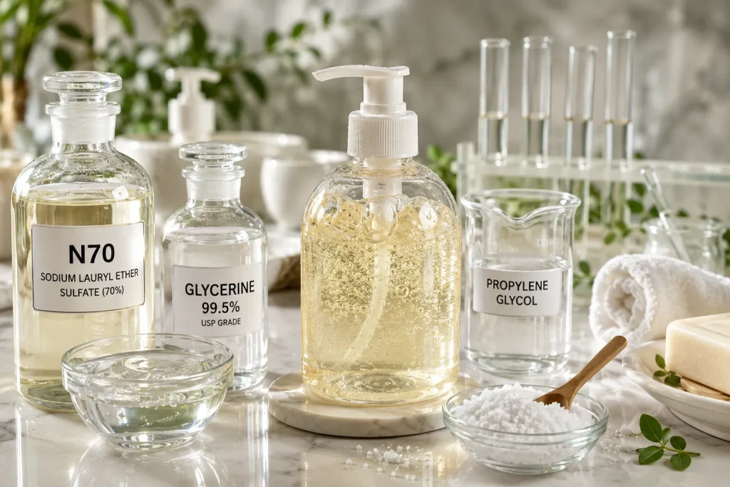 สูตรปรับความหนืดและเพิ่มฟองในสบู่เหลวด้วย N70 ร่วมกับ Glycerine 99.5% เพื่อสัมผัสที่อ่อนโยน