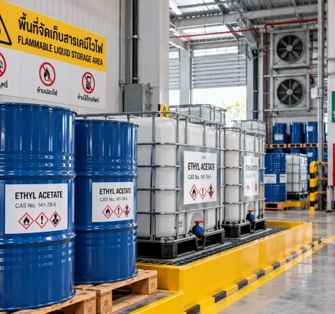ข้อควรระวังและวิธีจัดเก็บสารทำละลาย Ethyl Acetate ถังใหญ่ในโรงงานตามมาตรฐานความปลอดภัยสารระเหยไว