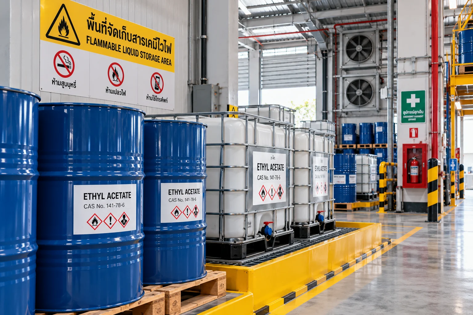 ข้อควรระวังและวิธีจัดเก็บสารทำละลาย Ethyl Acetate ถังใหญ่ในโรงงานตามมาตรฐานความปลอดภัยสารระเหยไว